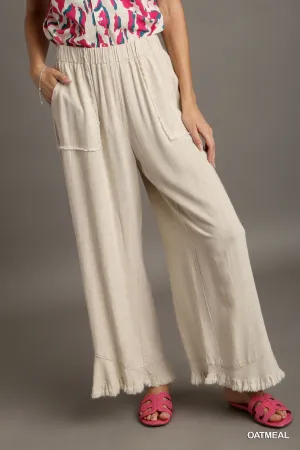 Reece Elastic Waist Band Wide Frayed Hem Pants with Side Pockets In Oatmeal