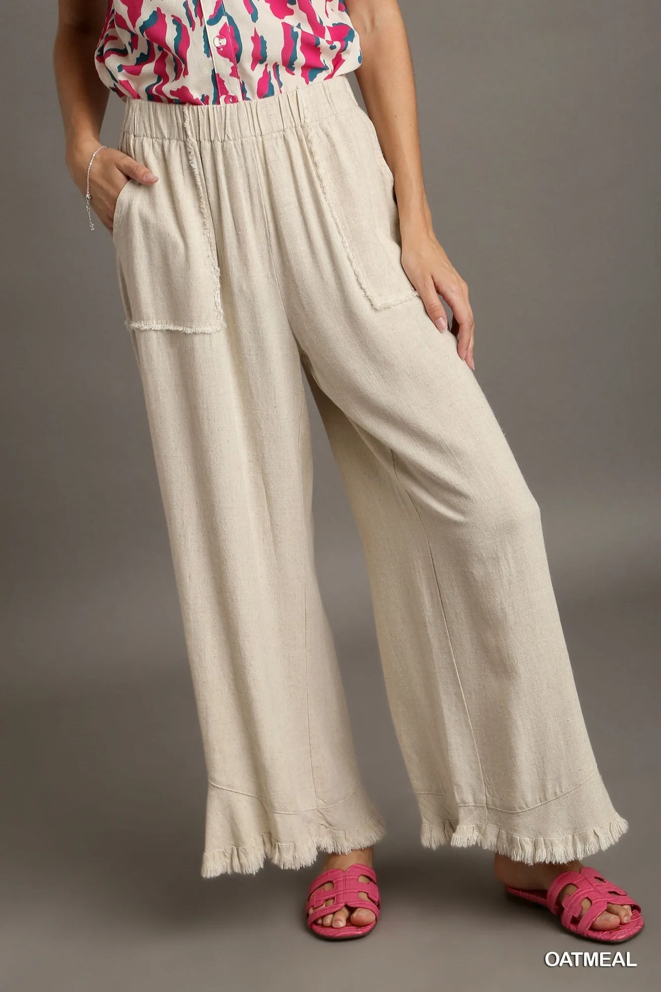 Reece Elastic Waist Band Wide Frayed Hem Pants with Side Pockets In Oatmeal