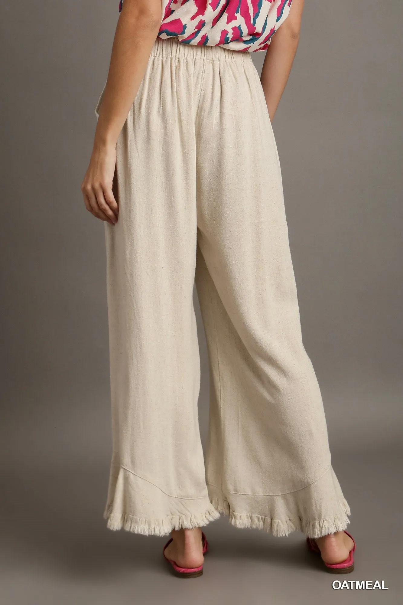 Reece Elastic Waist Band Wide Frayed Hem Pants with Side Pockets In Oatmeal