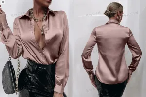 Shein Satin Solid Button Front Shirt, 1XL /
