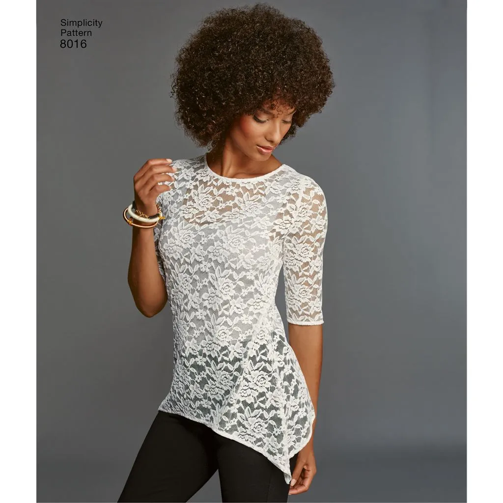 Simplicity Pattern 8016 Women's Knit Tops with Lace Variations