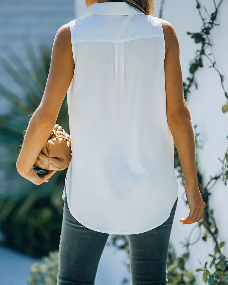 Sleeveless Satin Button Down Shirt