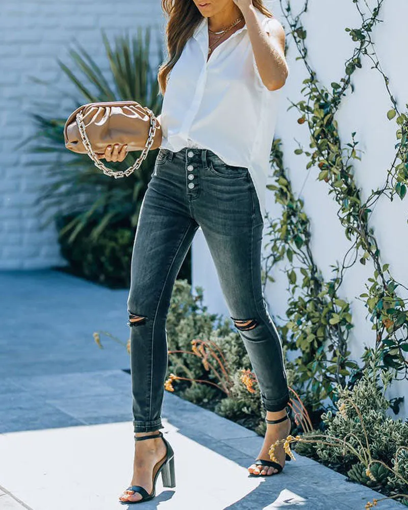 Sleeveless Satin Button Down Shirt