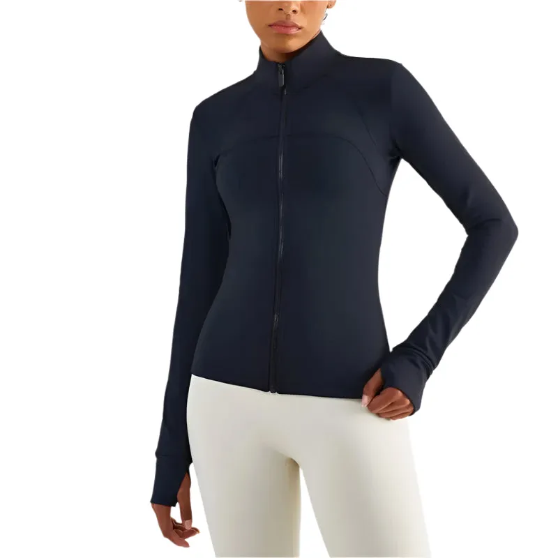 Solid Color Sports Jacket Top Padded Warm Yoga Coat Women Long Sleeves Full Zip Fitness Leisure Define Jacket With Thumb Jack