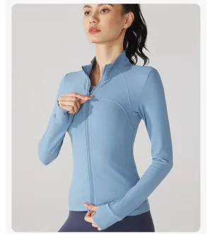 Solid Color Sports Jacket Top Padded Warm Yoga Coat Women Long Sleeves Full Zip Fitness Leisure Define Jacket With Thumb Jack