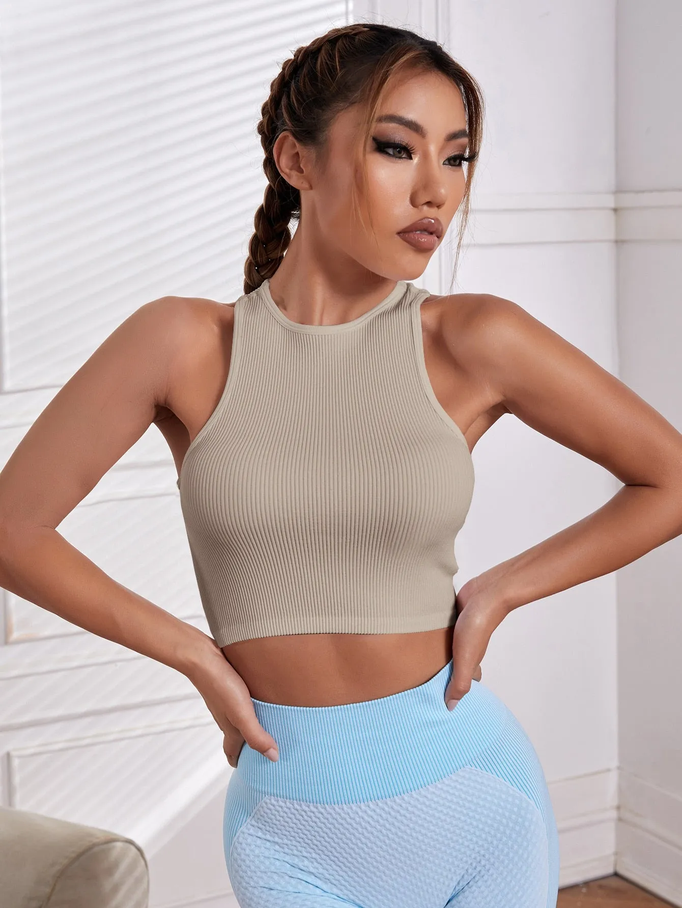 Solid Racer Back Crop Active Tank Top ss22- FD