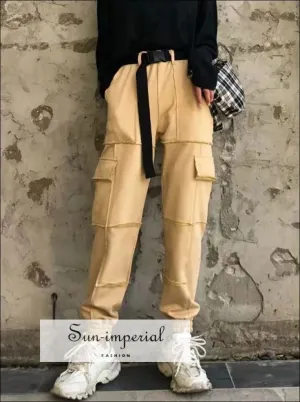 Sun-imperial Women beige Elasticated Waist Pintuck Sweatpants with Pockets Details Lightweight Cargo