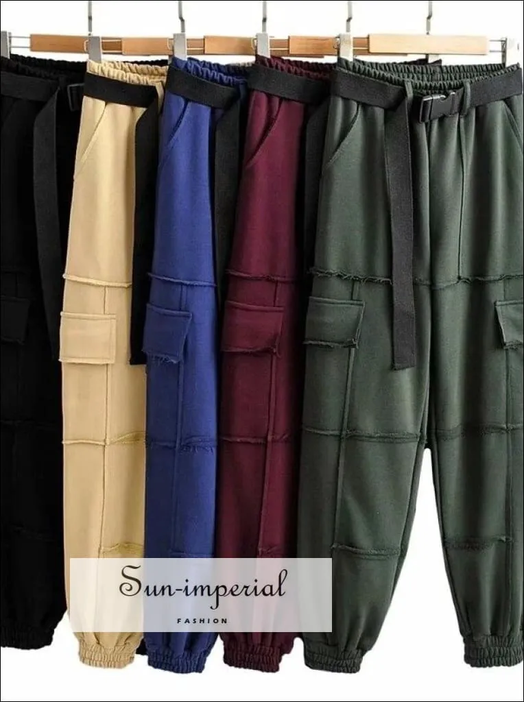 Sun-imperial Women beige Elasticated Waist Pintuck Sweatpants with Pockets Details Lightweight Cargo