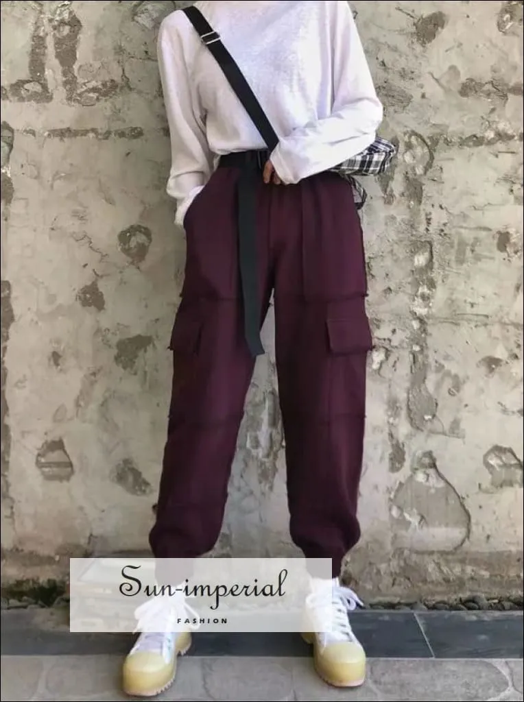Sun-imperial Women beige Elasticated Waist Pintuck Sweatpants with Pockets Details Lightweight Cargo