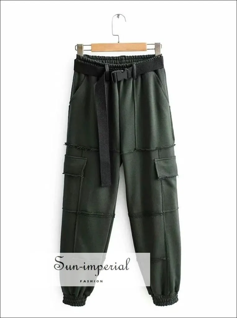 Sun-imperial Women beige Elasticated Waist Pintuck Sweatpants with Pockets Details Lightweight Cargo