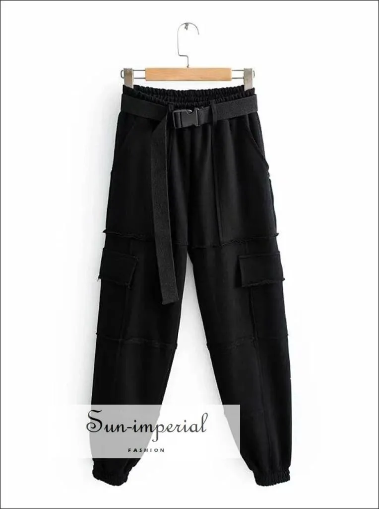 Sun-imperial Women Black Elasticated Waist Pintuck Sweatpants with Pockets Details Lightweight Cargo