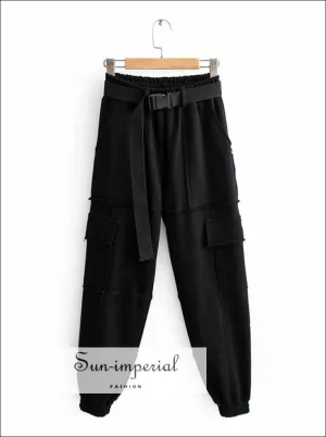 Sun-imperial Women Black Elasticated Waist Pintuck Sweatpants with Pockets Details Lightweight Cargo