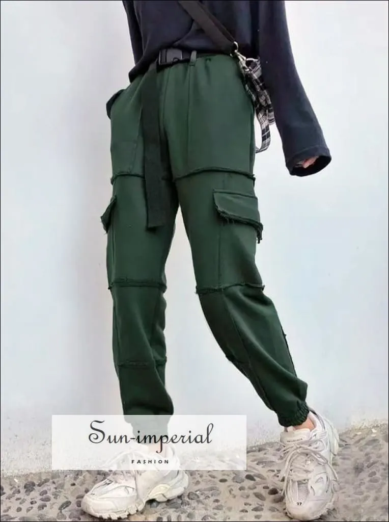 Sun-imperial Women Black Elasticated Waist Pintuck Sweatpants with Pockets Details Lightweight Cargo