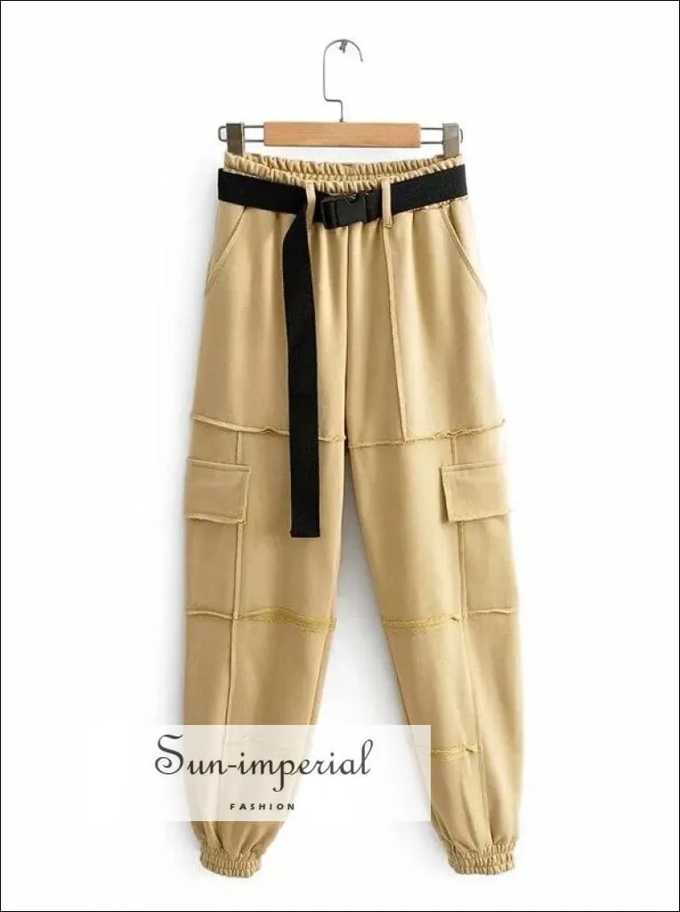 Sun-imperial Women Black Elasticated Waist Pintuck Sweatpants with Pockets Details Lightweight Cargo