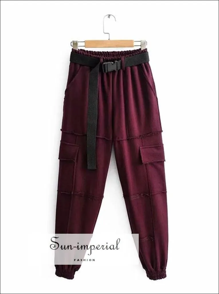 Sun-imperial Women Black Elasticated Waist Pintuck Sweatpants with Pockets Details Lightweight Cargo