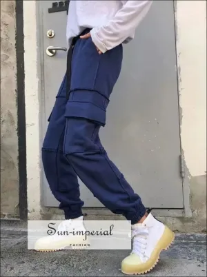 Sun-imperial Women Blue Elasticated Waist Pintuck Sweatpants with Pockets Details Lightweight Cargo