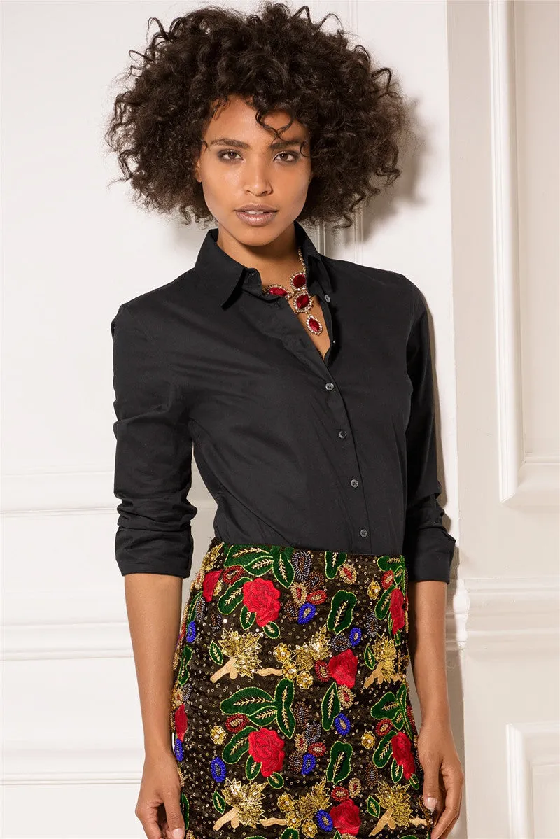 Turn-down Collar Pure Collar OL Slim Long Sleeves Blouse