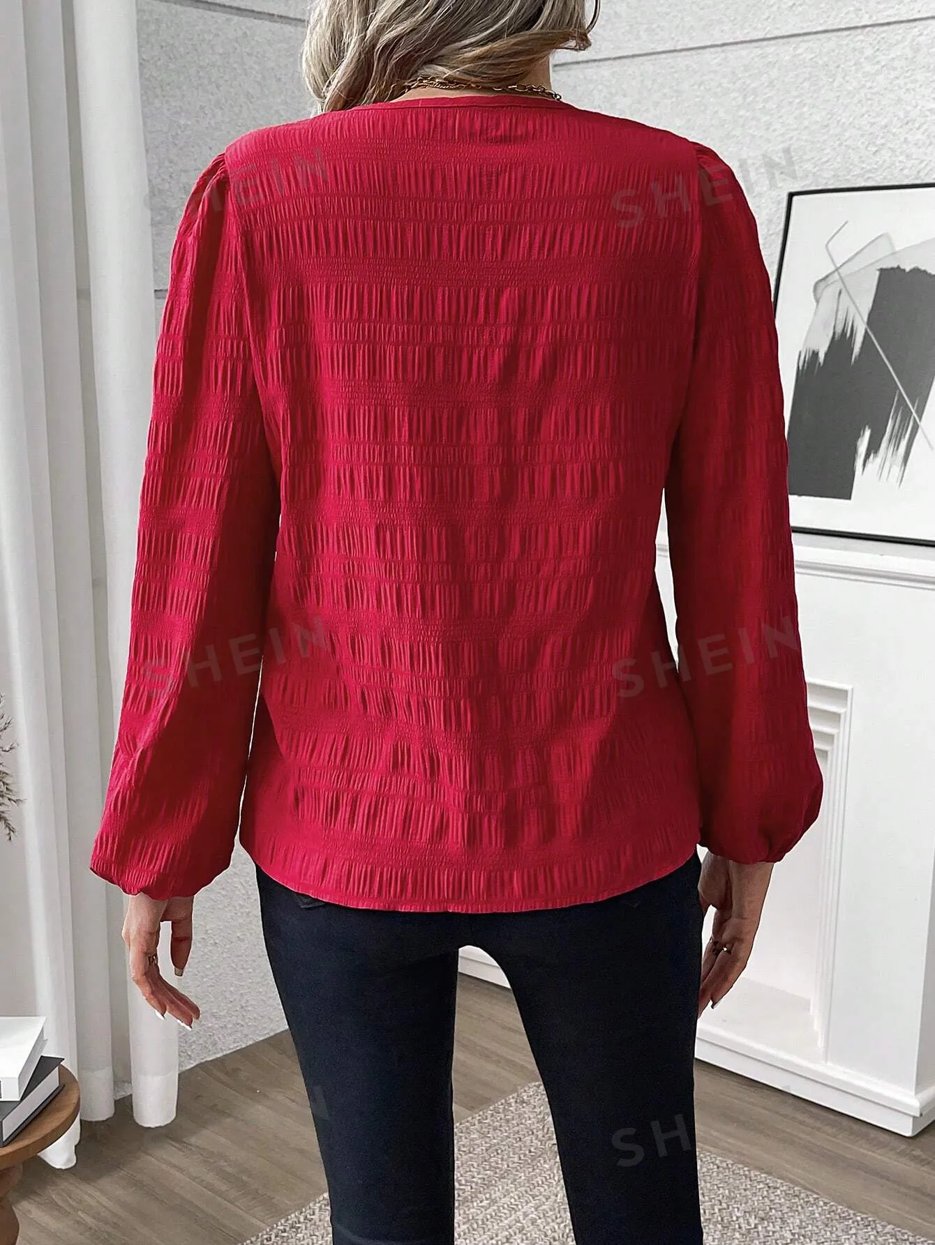 Vintage Elegant Versatile Red Notched Neck Textured Loose Lantern Sleeve Women's Shirt
