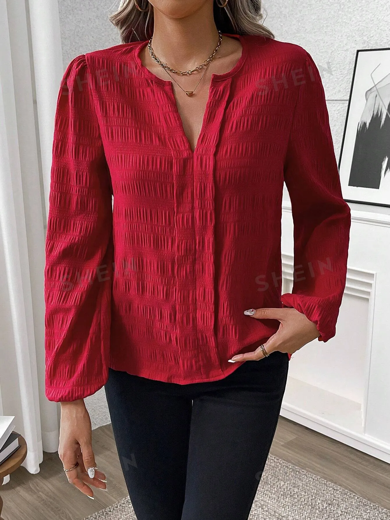 Vintage Elegant Versatile Red Notched Neck Textured Loose Lantern Sleeve Women's Shirt