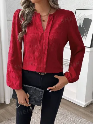 Vintage Elegant Versatile Red Notched Neck Textured Loose Lantern Sleeve Women's Shirt