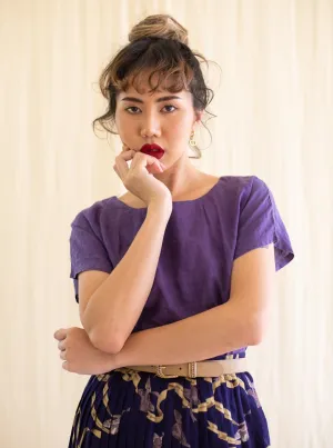Vintage Linen Purple Round Neck Cap Sleeved Blouse