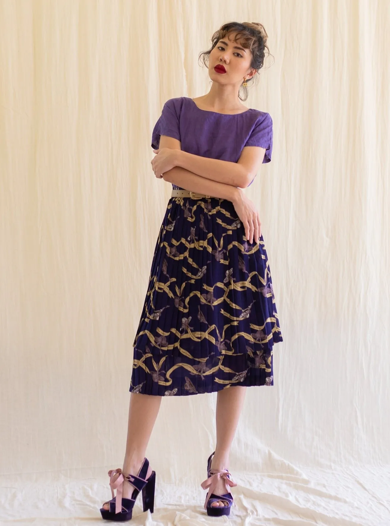 Vintage Linen Purple Round Neck Cap Sleeved Blouse