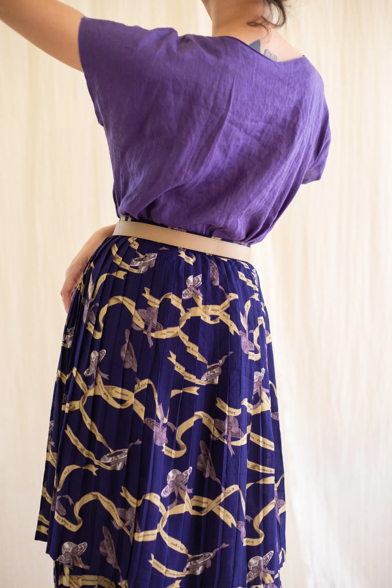 Vintage Linen Purple Round Neck Cap Sleeved Blouse
