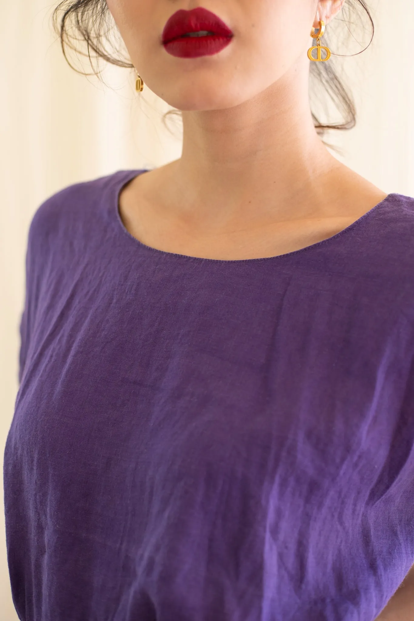Vintage Linen Purple Round Neck Cap Sleeved Blouse