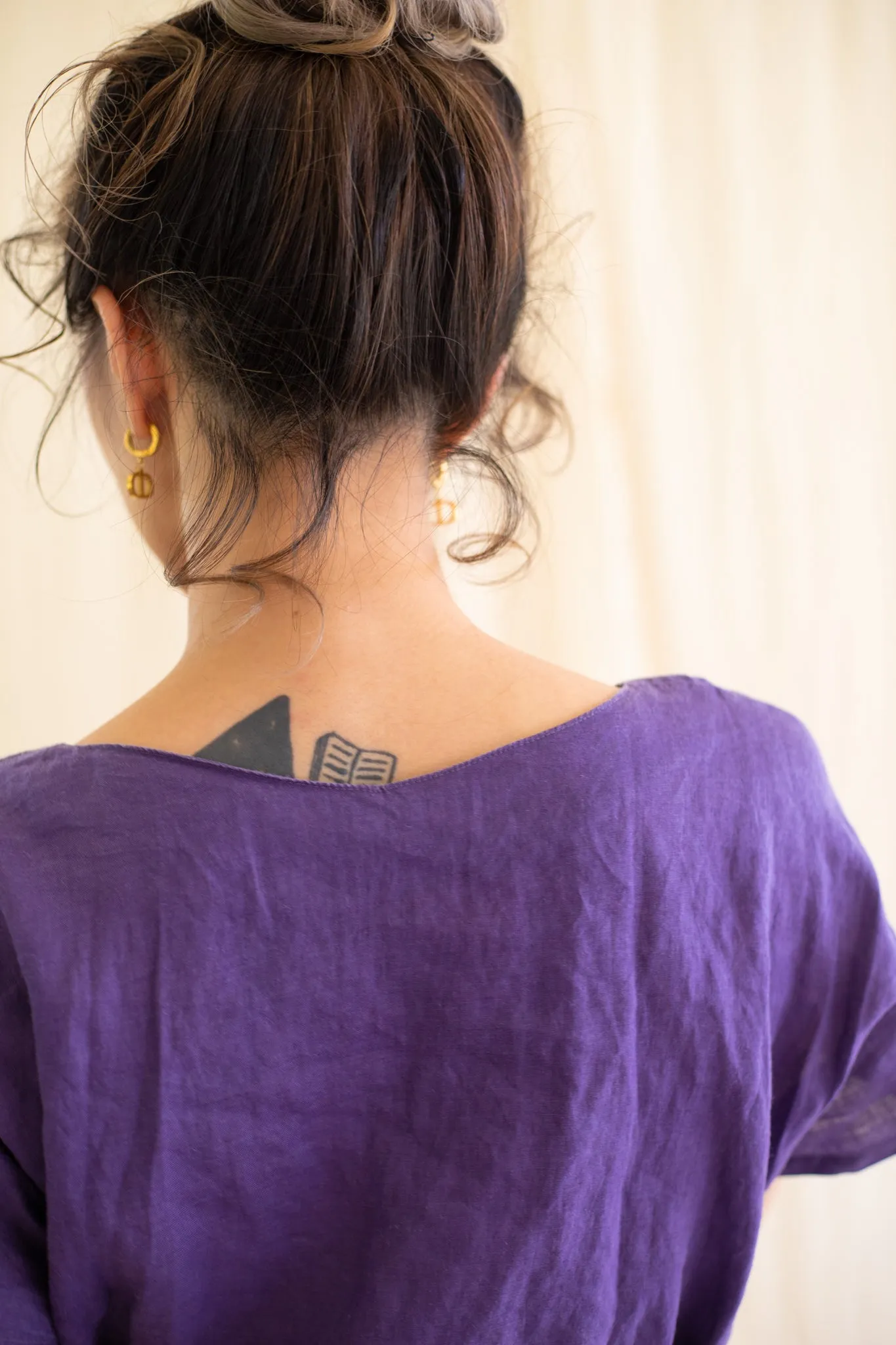 Vintage Linen Purple Round Neck Cap Sleeved Blouse