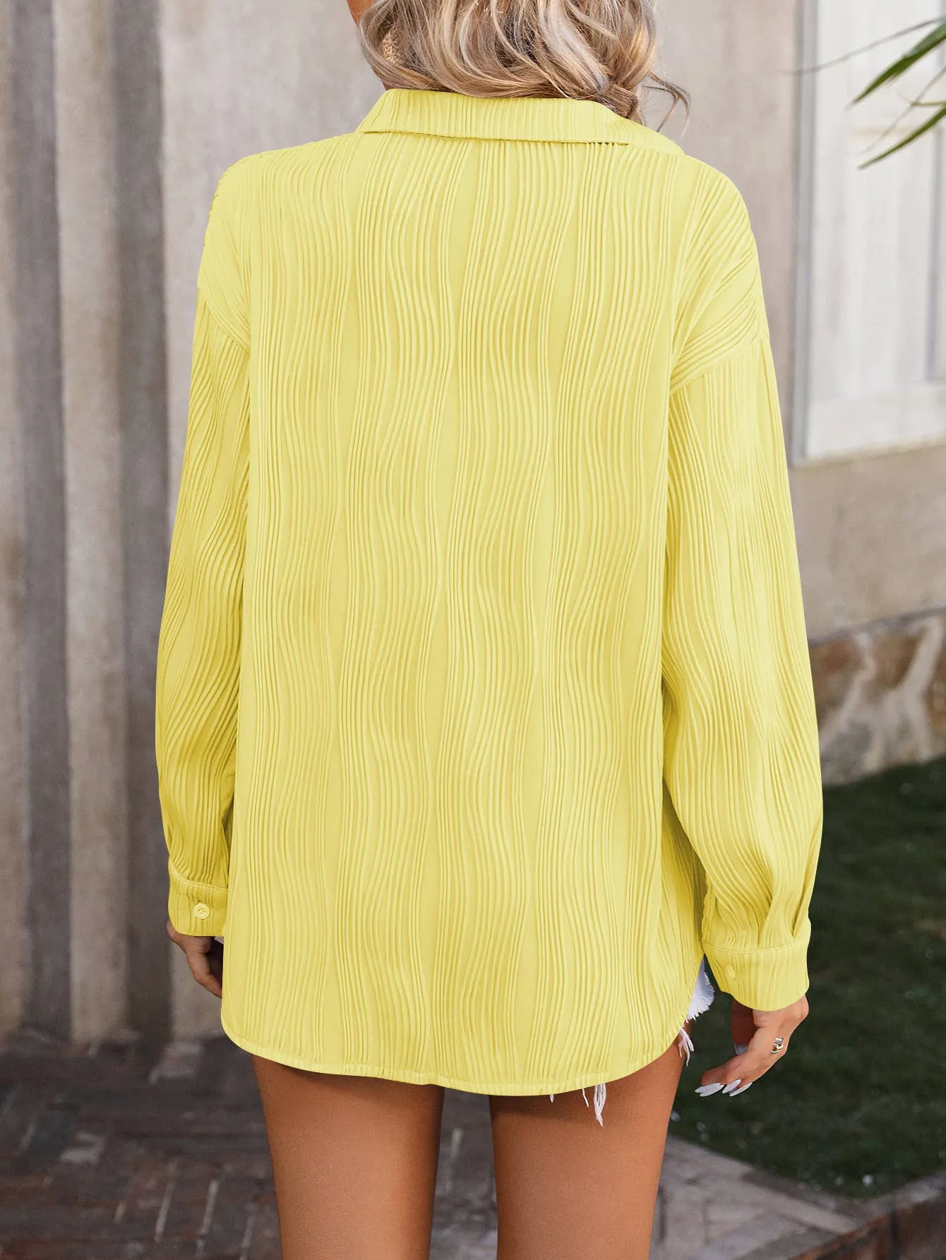 Wavy Plisse Button Up Long Sleeve Shirt
