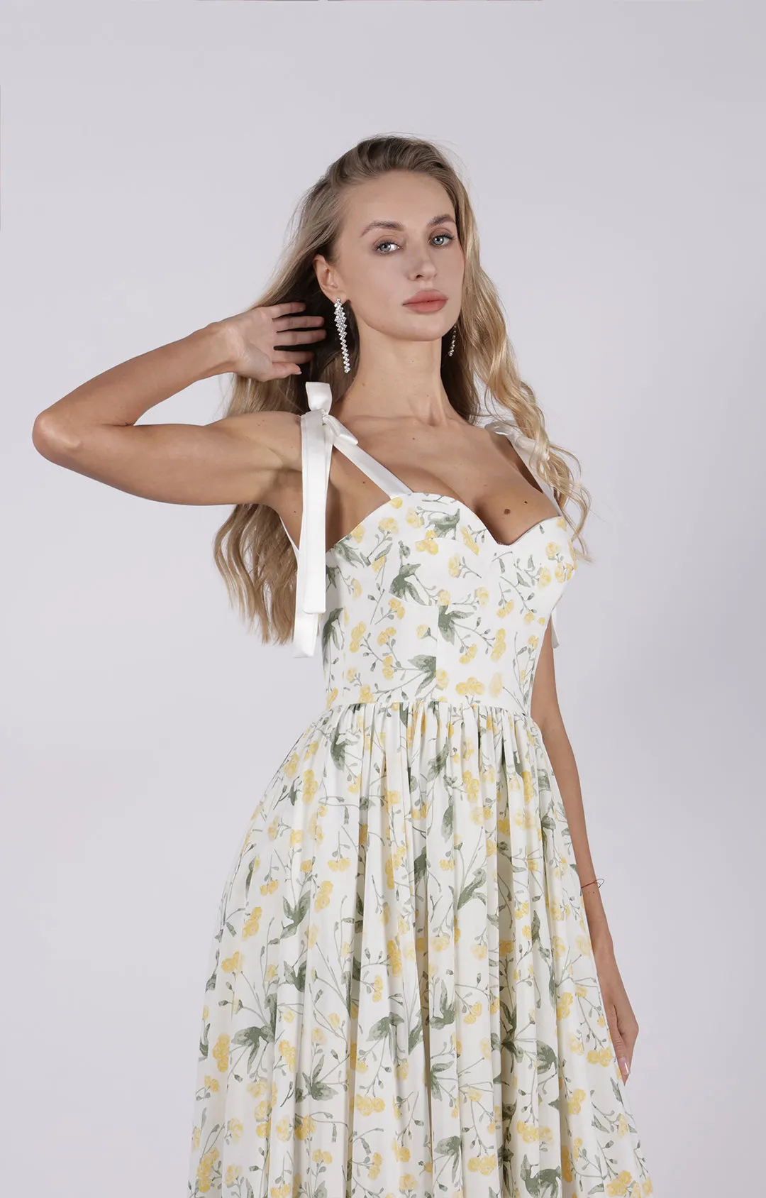 Wide Tie Sweetheart-Neck Floral High Waist Patchwork A-Line Maxi Dress