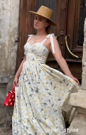 Wide Tie Sweetheart-Neck Floral High Waist Patchwork A-Line Maxi Dress