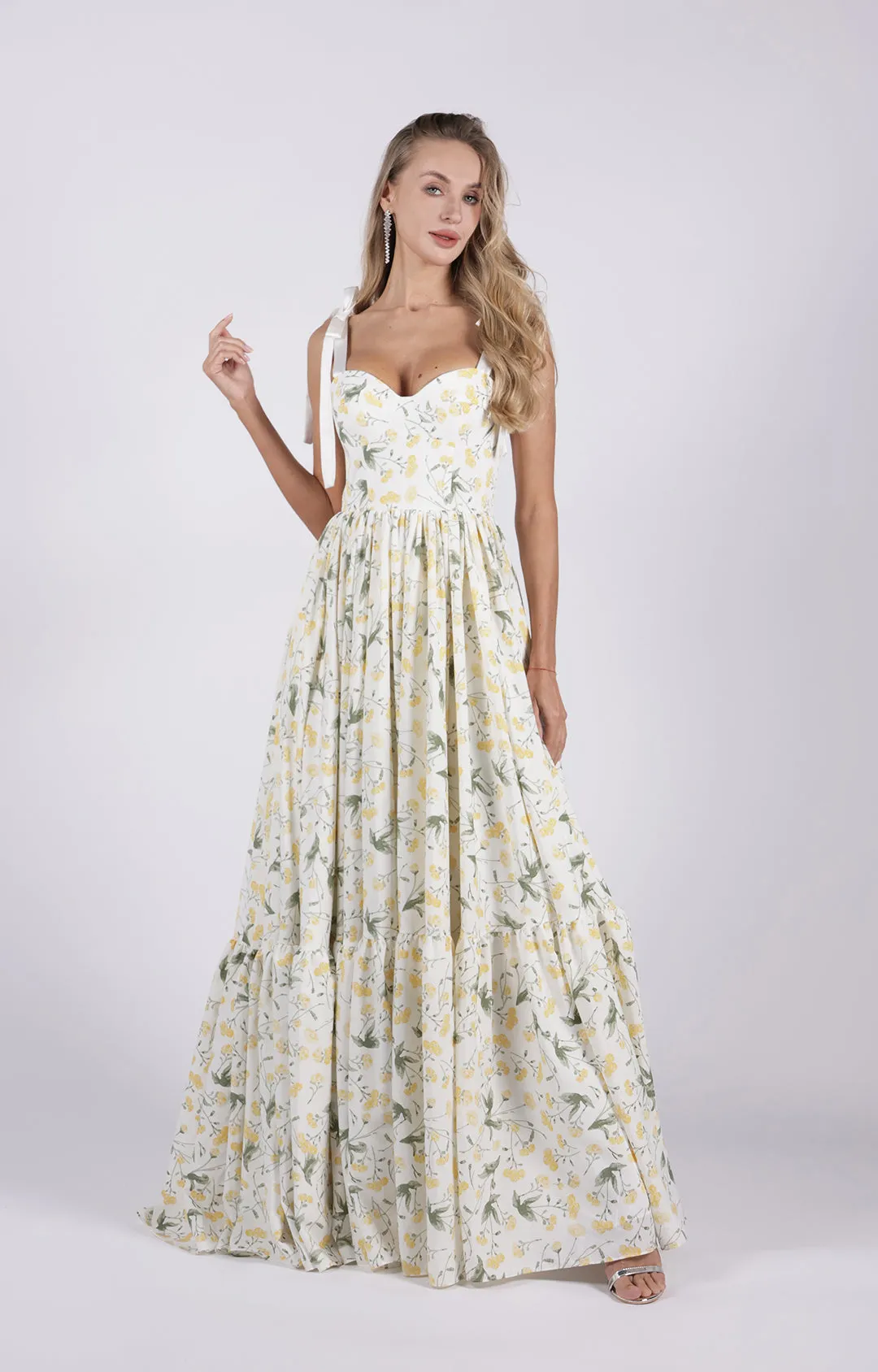 Wide Tie Sweetheart-Neck Floral High Waist Patchwork A-Line Maxi Dress