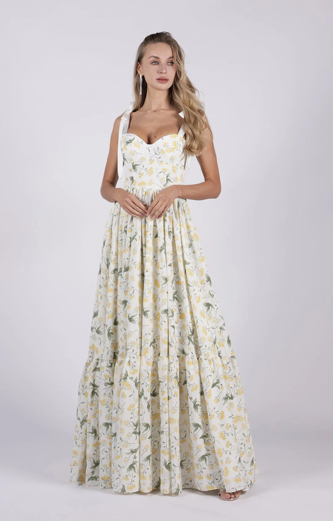 Wide Tie Sweetheart-Neck Floral High Waist Patchwork A-Line Maxi Dress