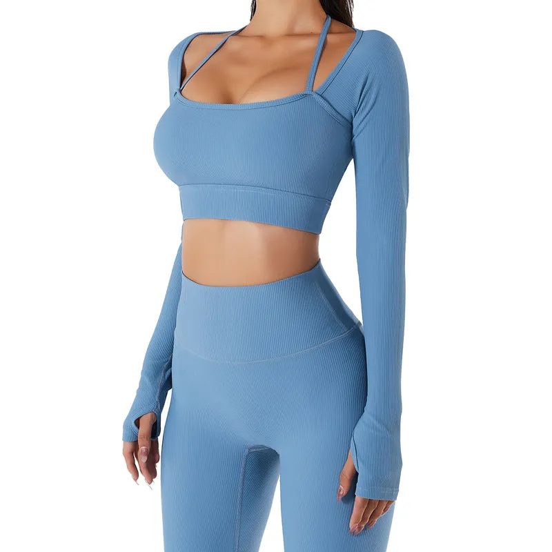 Women Long Sleeve Low Cut Solid Color Active Tops Wholesale Yoga Running Crop Tops