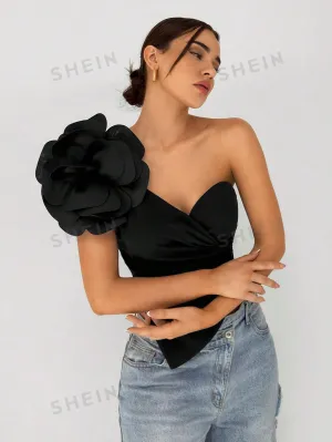 Women's Elegant One Shoulder 3D Flower Decorated Asymmetric Hem Black Top