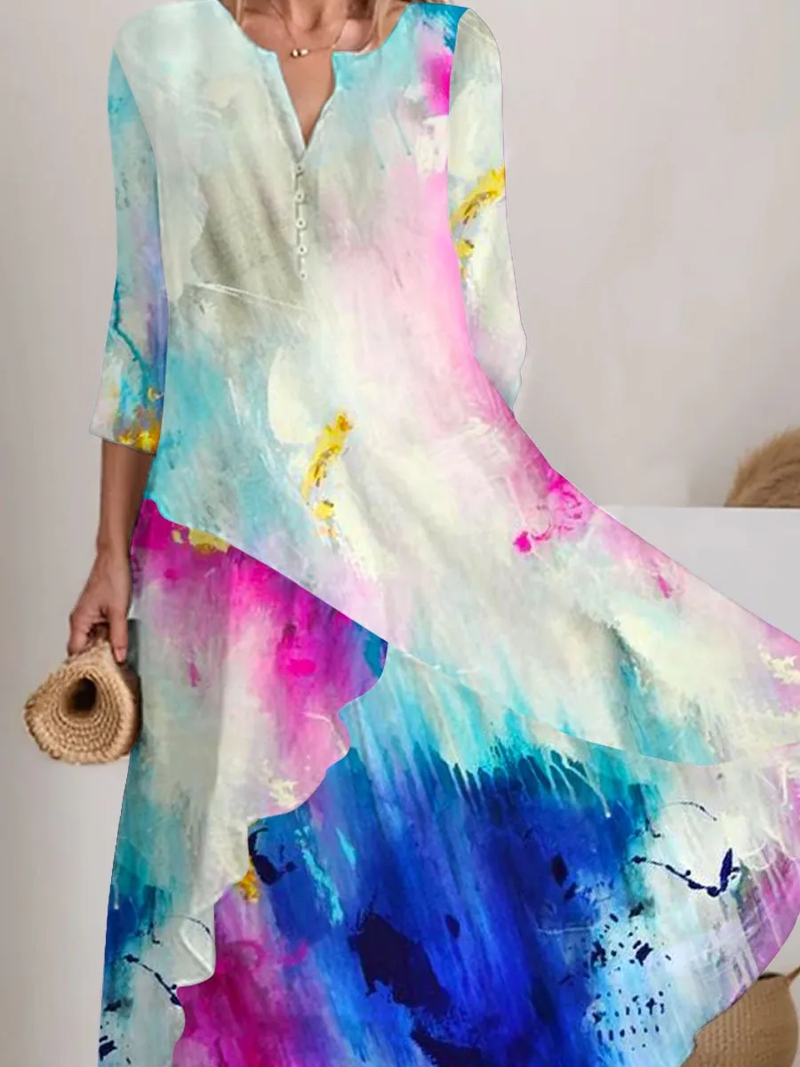 Women's Watercolor Splash Pattern Flowing Dress