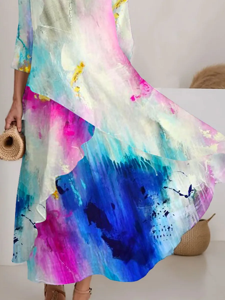 Women's Watercolor Splash Pattern Flowing Dress