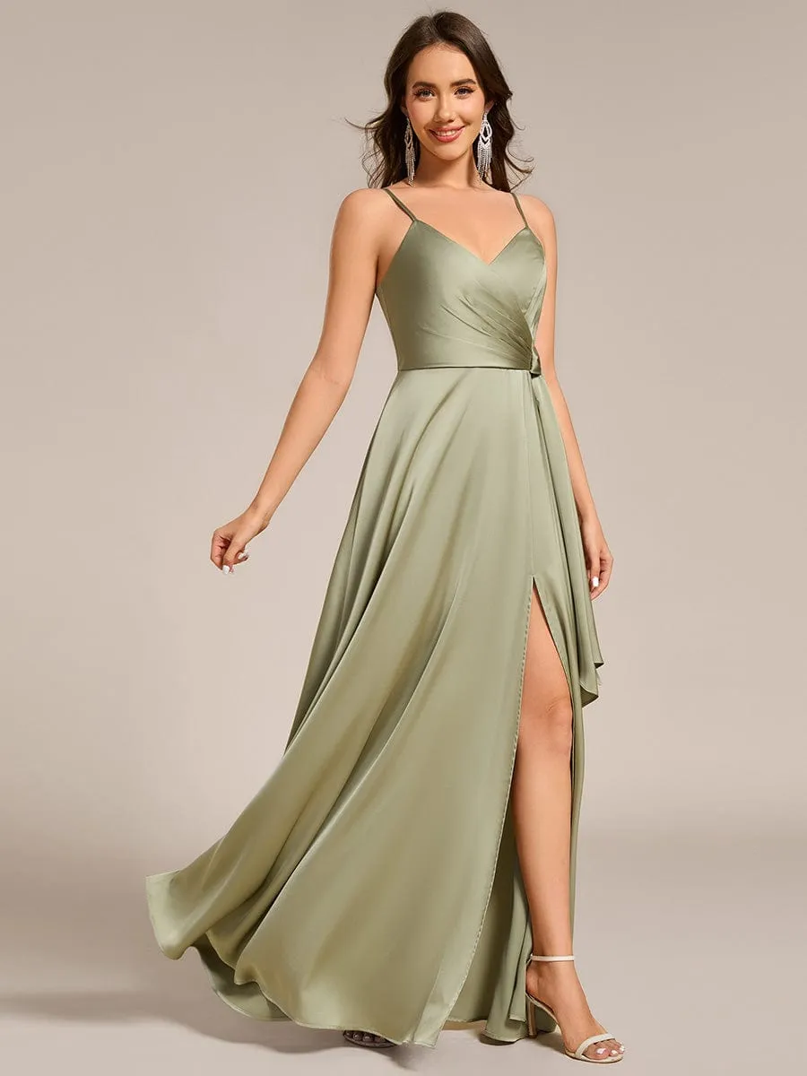Wrap-Style Maxi Spaghetti Strap Satin Bridesmaid Dress
