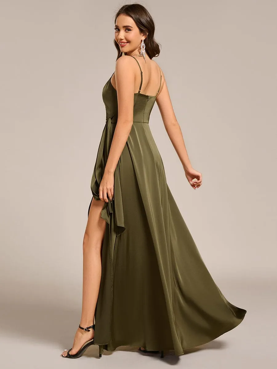 Wrap-Style Maxi Spaghetti Strap Satin Bridesmaid Dress