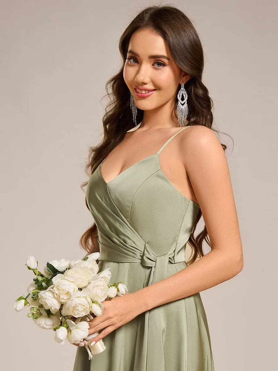 Wrap-Style Maxi Spaghetti Strap Satin Bridesmaid Dress