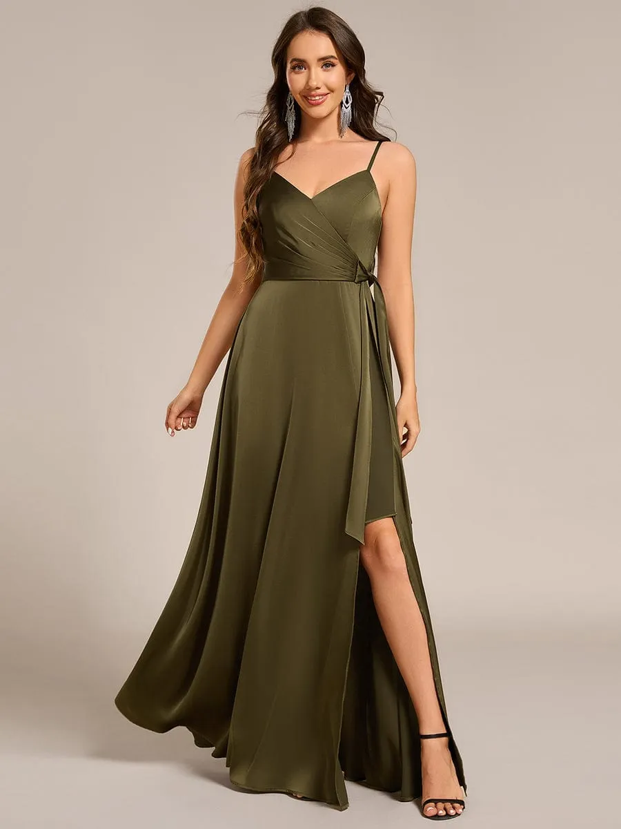 Wrap-Style Maxi Spaghetti Strap Satin Bridesmaid Dress