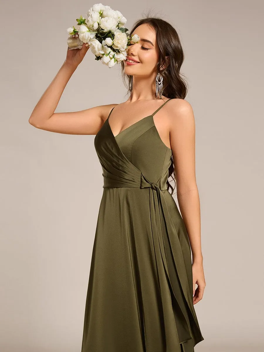 Wrap-Style Maxi Spaghetti Strap Satin Bridesmaid Dress
