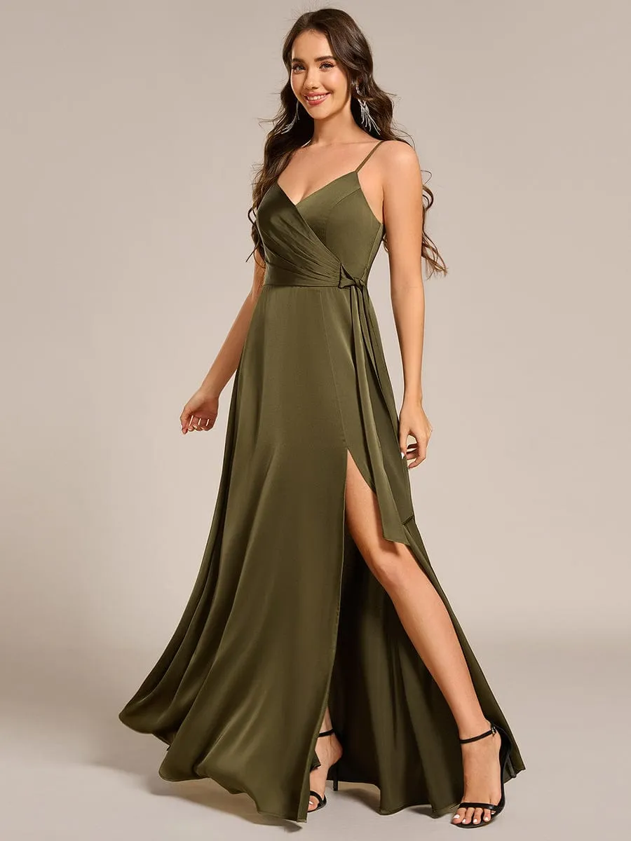 Wrap-Style Maxi Spaghetti Strap Satin Bridesmaid Dress