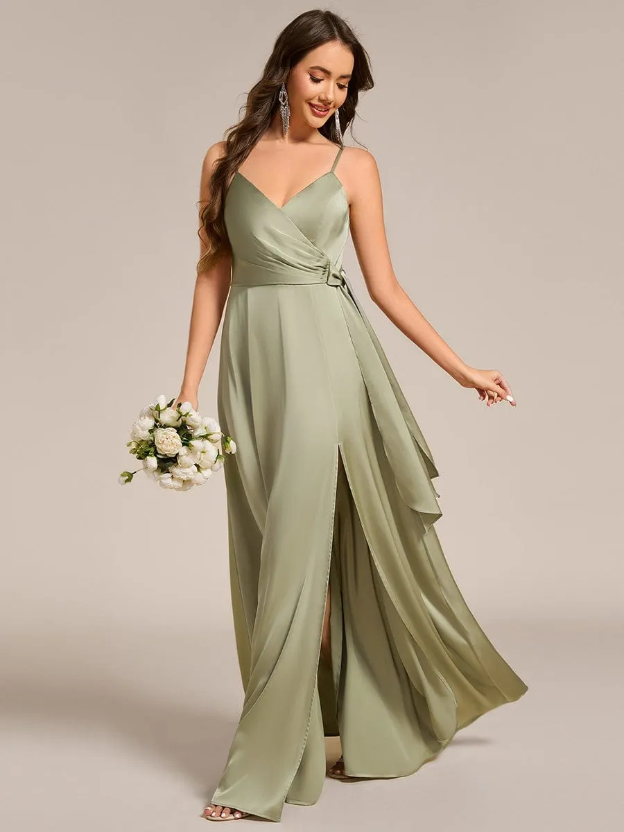 Wrap-Style Maxi Spaghetti Strap Satin Bridesmaid Dress