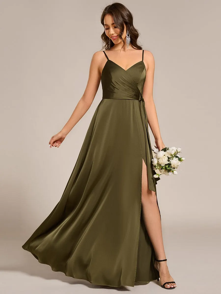 Wrap-Style Maxi Spaghetti Strap Satin Bridesmaid Dress