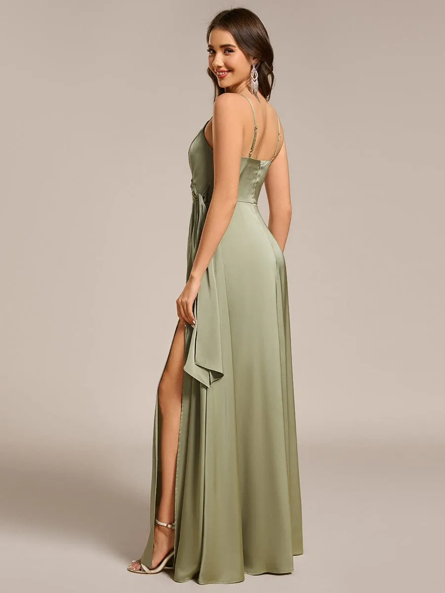 Wrap-Style Maxi Spaghetti Strap Satin Bridesmaid Dress