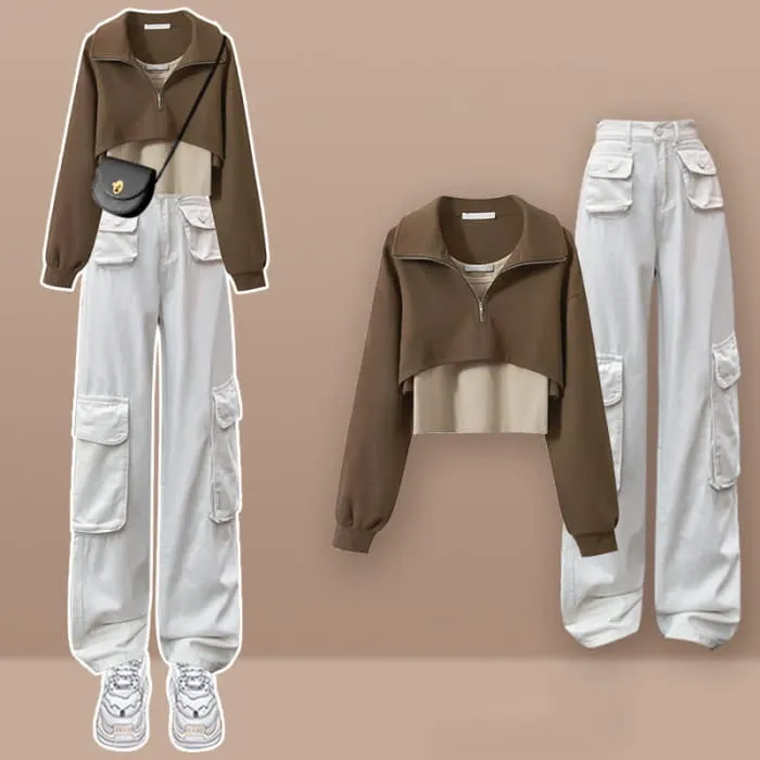Zipper Lapel T-Shirt Vest Pockets Cargo Pants Set